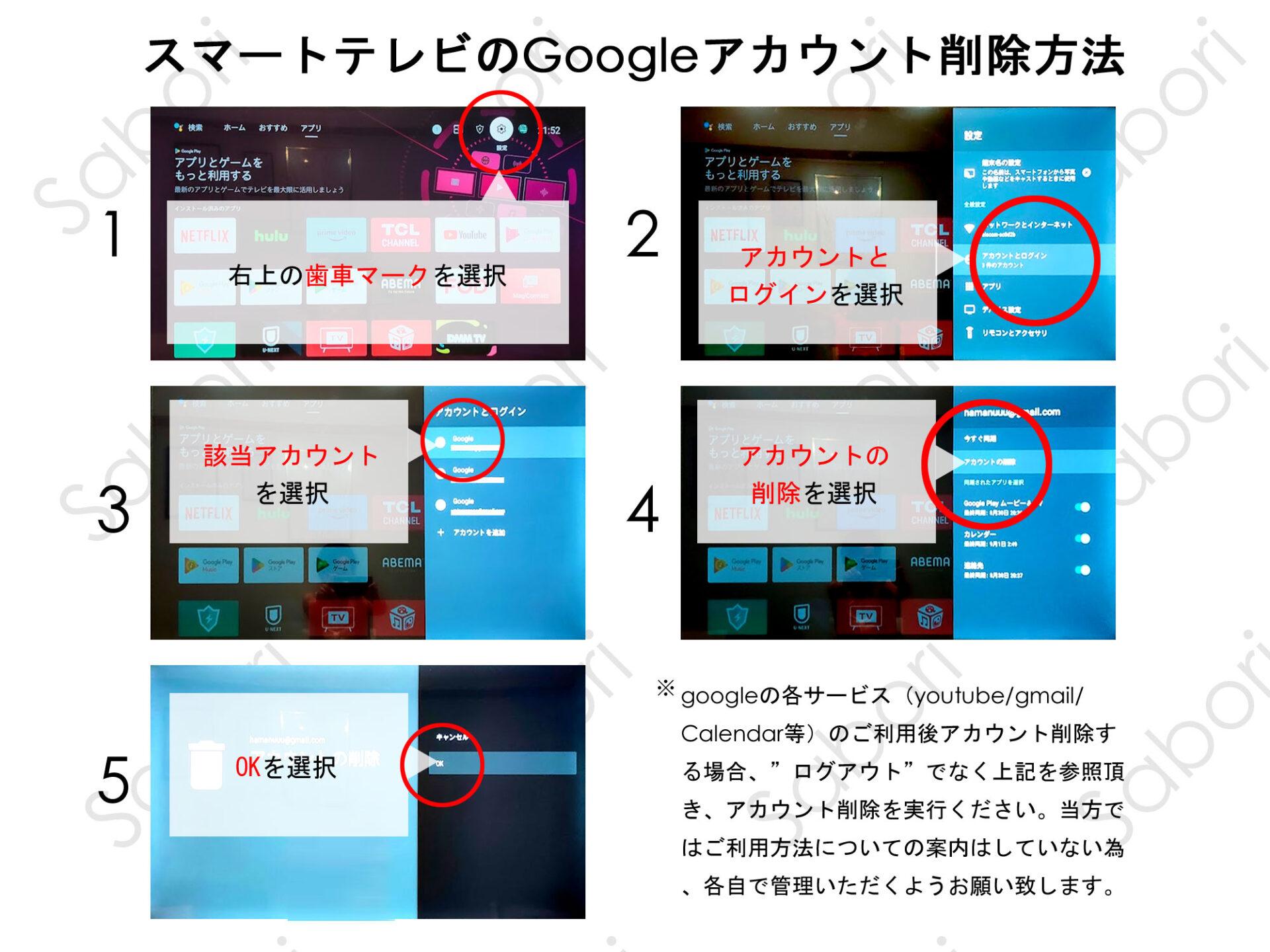 スマートテレビ（Android TV）からのGoogleアカウント／YouTubeアカウント／Netflixアカウント削除方法／遠隔ログアウト方法（図説あり）  - 【公式サイト】Sabori.rent